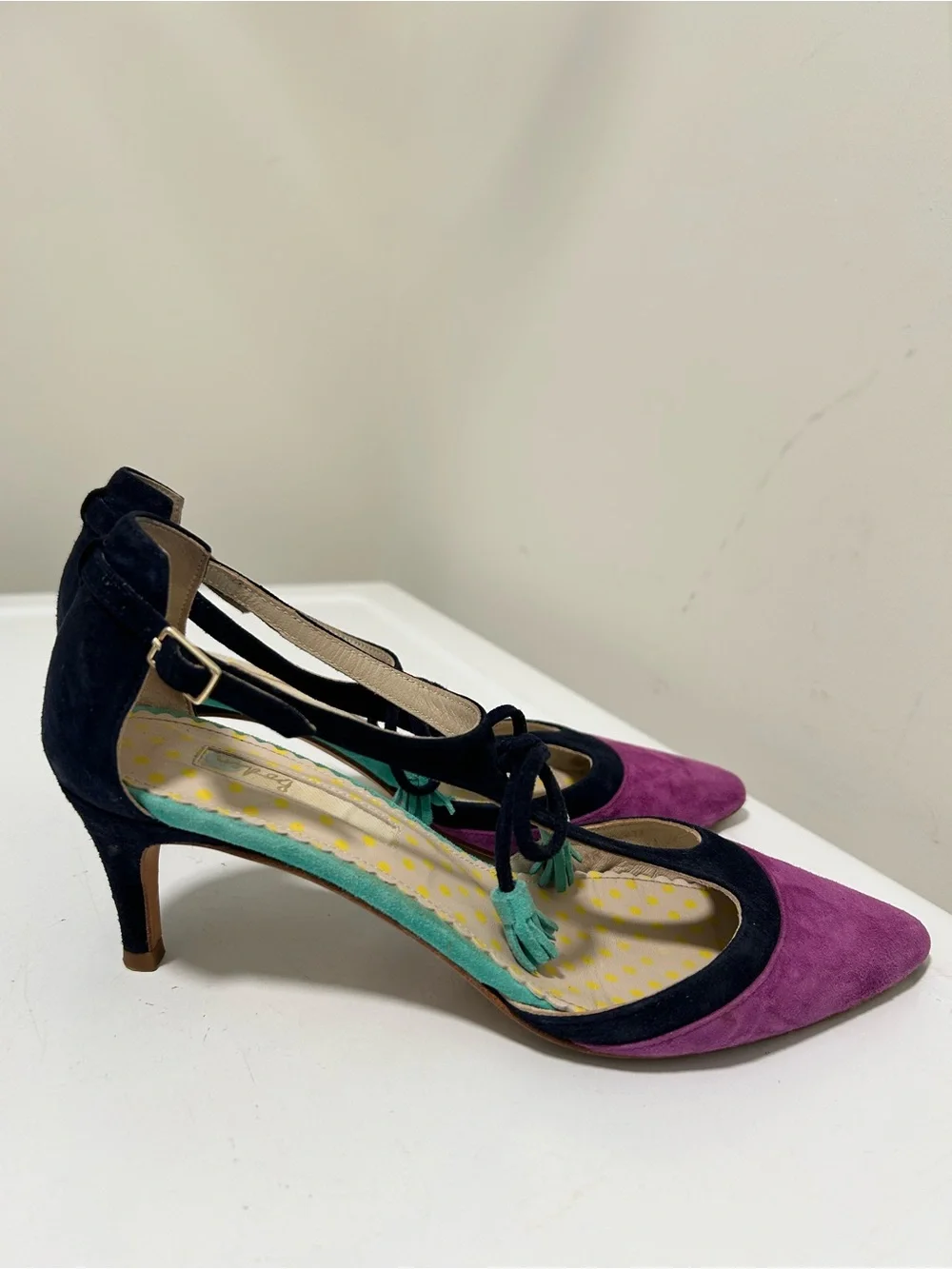 Boden Alice Suede Tassel Heels Pointed Toe Navy Purple Size 6 US 37 EU